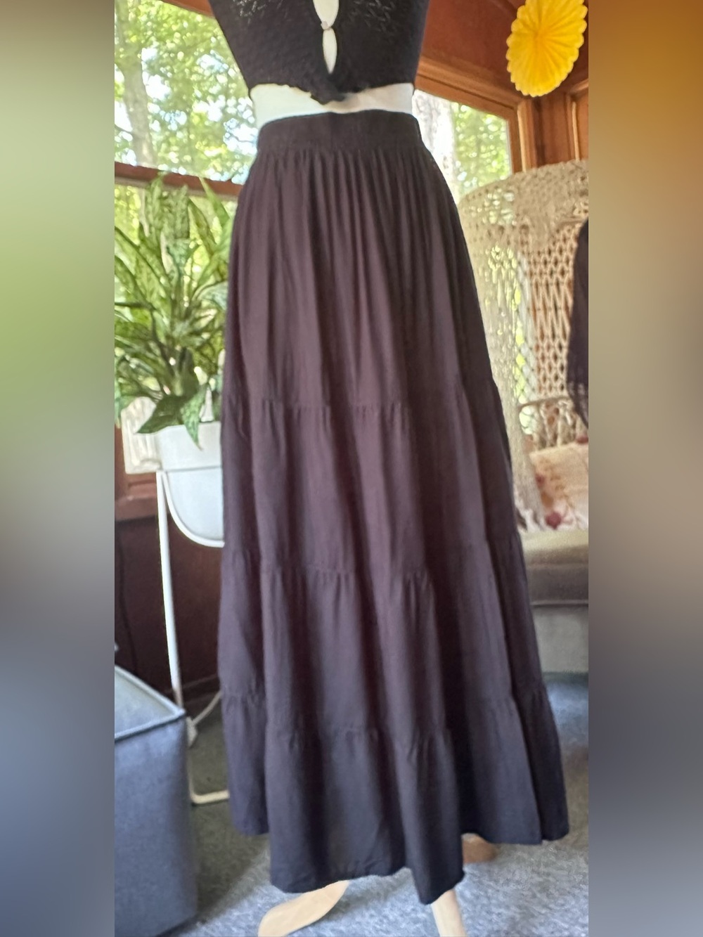 Women's Black Tiered Maxi Skirt with Elastic Waist - Picture 2 of 7